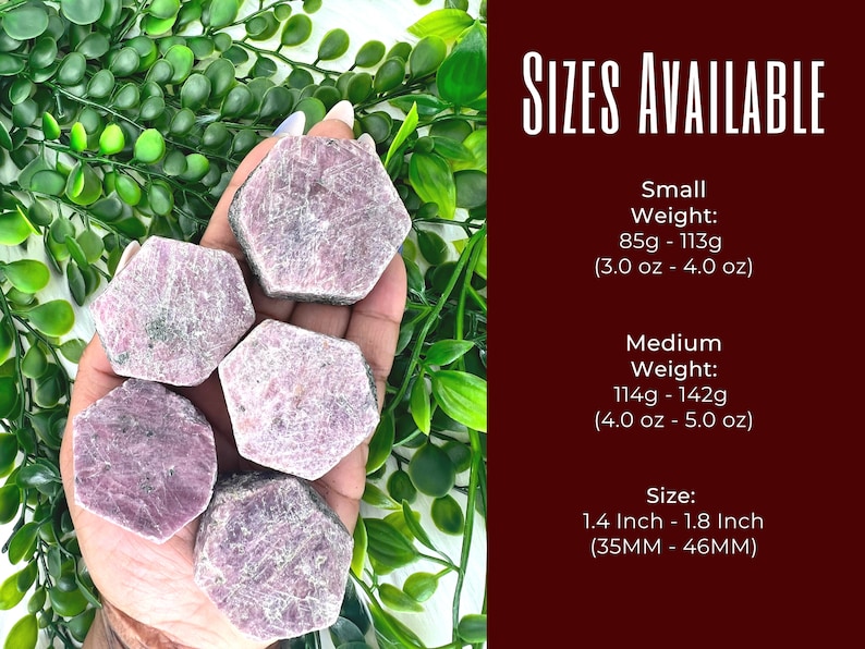 May include: Six pink ruby crystals in various sizes, ranging from 1.4 to 1.8 inches (35mm to 46mm). The crystals are hexagonal in shape and have a rough, natural texture. The crystals are displayed on a hand, with the text "SIZES AVAILABLE" and details about the size and weight of the crystals.