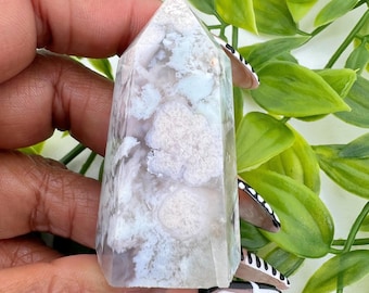 Green Flower Agate Tower - Flower Agate Generator - 2.2" Natural Green Flower Agate Obelisk - 1.7 oz Cherry Blossom Agate Crystal Point