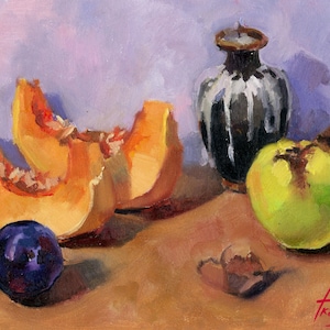 Stampe giclée di dipinti a olio, stampe di dipinti a olio, zucca e prugna, natura morta, pittura di prugne, pittura di mele cotogne