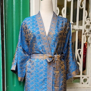 Blue Natural Silk Robe, Flower Patterned Mulberry Silk Kimono, Night Cardigan, Free and Custom Size Made in Vietnam