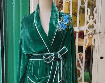Embroidered Robe, Silk Velvet Kimono, Long Cardigan/Duster/Oversized Jacket