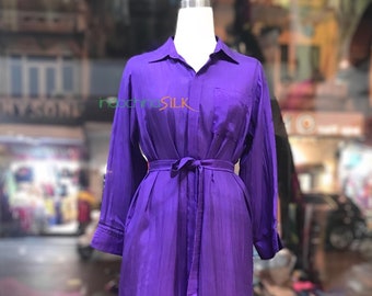 100% Silk Shirt Dress for Work, Women's Long Mulberry Silk Dress with Pocket, Detachable Belt, Silk Dress  Made in Vietnam