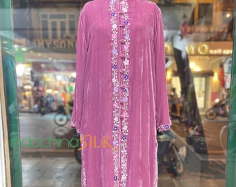 Long Embroidery Silk Velvet Jacket/Coat for Women, Luxury and Classy Silk Velvet Duster/Cardigan Custom-Made in Vietnam in Various Colors.