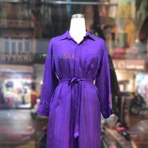 100% Silk Shirt Dress for Work, Women&#39;s Long Mulberry Silk Dress with Pocket, Detachable Belt, Silk Dress  Made in Vietnam