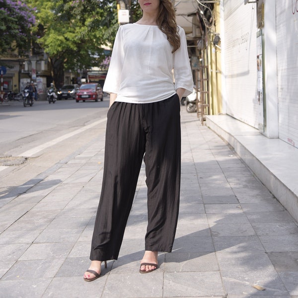 Long Black Silk and Linen Pants for Women, Soft Linen Trousers, Elastic Waist Pants with Waistband and Pockets, Summer Pants