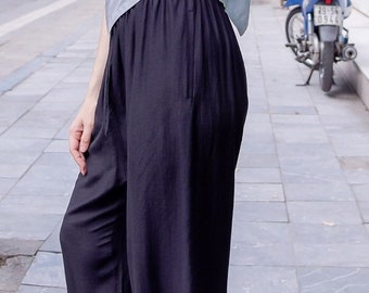 Long Black Silk and Linen Pants for Women, Soft Linen Trousers, Elastic Waist Pants with Waistband and Pockets, Summer Pants