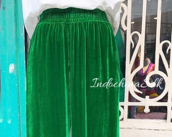 Long Silk Velvet Pants, Velvet Trousers with Elastic Waist and pockets