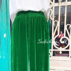 Long Silk Velvet Pants, Velvet Trousers with Elastic Waist and pockets