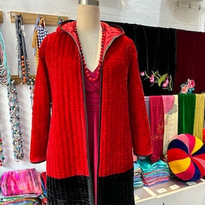 Long Silk Velvet Jacket/Coat for Women, Luxury Silk Velvet Hoodie with Side Pockets, Hand-stitched Duster Handmade in Vietnam,
