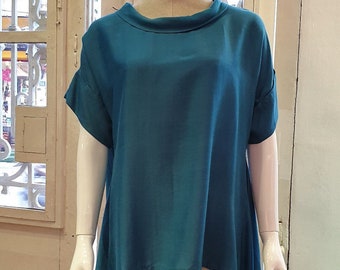 Loose Linen Top, Short Sleeve Silk and Linen Blouse for Women, Big Size and Oversized Shirt, Casual Tunic