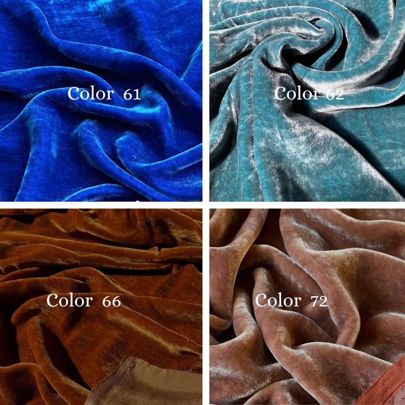 May include: Close-up of four swatches of velvet fabric in various colors. The colors include a deep blue labeled "Color 61", teal labeled "Color 62", a rich brown labeled "Color 66", and a muted brown labeled "Color 72".