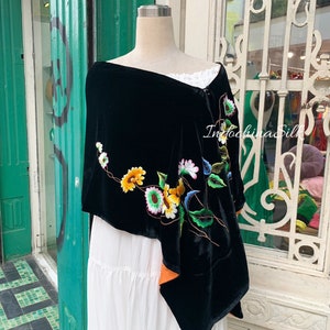 Black Silk Velvet Shawl with Flower Embroidery, Luxury Wrap, Big Size Scarf