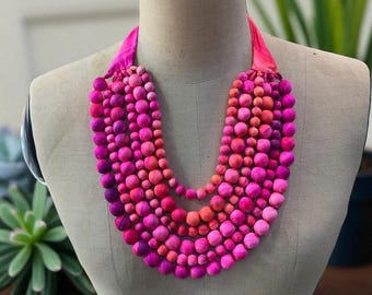 Pink Multi-layered Silk Beaded Necklace, Fabric Necklace for Women, Multi-Strand Silk Beaded Necklace, Handmade and Light.