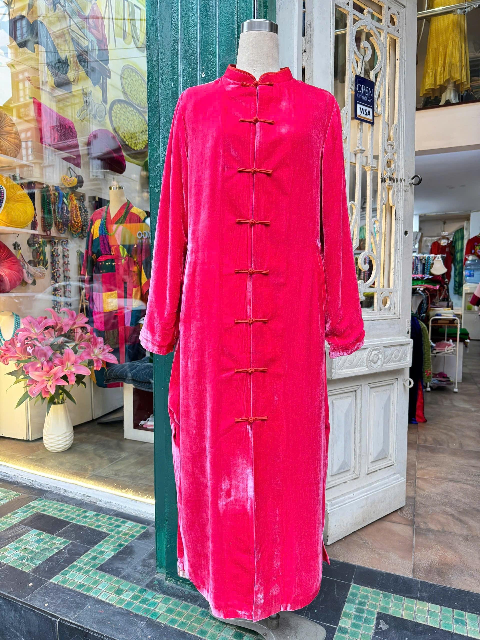 Silk Velvet Jacket/Coat for Women and Girls with Chinese Collar and Buttons, Custom-Made in Vietnam