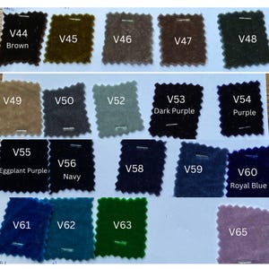 May include: A selection of fabric swatches in a range of colours, including brown, dark purple, navy, and royal blue. Each swatch is labelled with a number and a colour name. The fabric has a velvety texture.