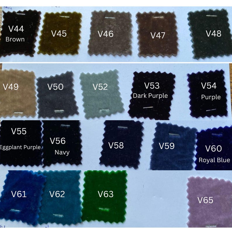 May include: A selection of fabric swatches in a range of colours, including brown, dark purple, navy, and royal blue. Each swatch is labelled with a number and a colour name. The fabric has a velvety texture.