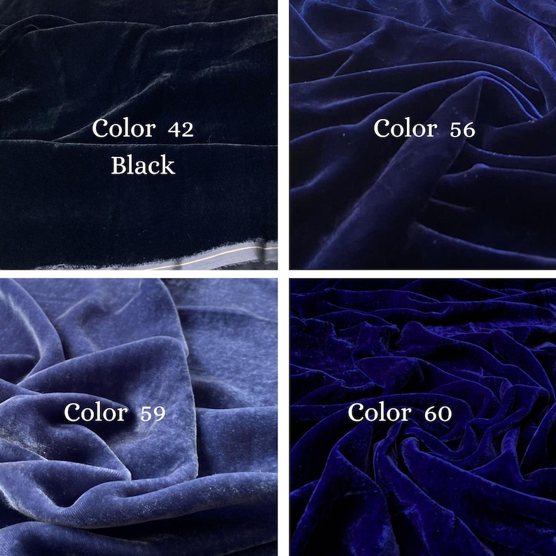 May include: Close-up of four swatches of velvet fabric in various shades of blue and black. Each swatch is labeled with a color number and the color name. The fabric is draped, showing the texture and sheen.