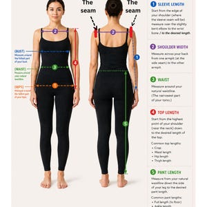 May include: Diagram illustrating how to measure the body for clothing. The image shows two people, front and back views, with measurement lines for sleeve length, shoulder width, waist, top length, and pant length. Text provides instructions and tips.