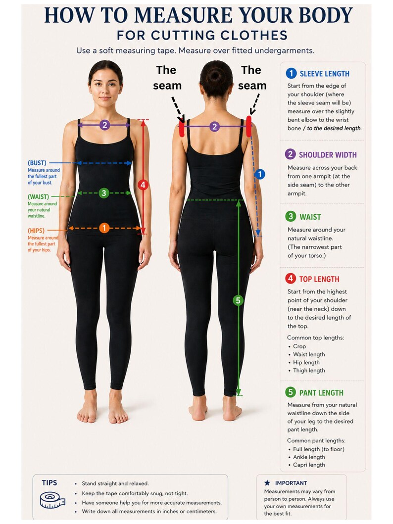 May include: Diagram illustrating how to measure the body for clothing. The image shows two people, front and back views, with measurement lines for sleeve length, shoulder width, waist, top length, and pant length. Text provides instructions and tips.