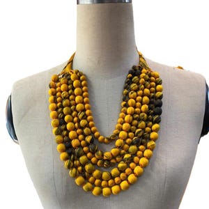 Yellow Black Multi-layered Silk Beaded Necklace, Fabric Necklace for Women, Multi-Strand Silk Beaded Necklace, Handmade and Lightweight.