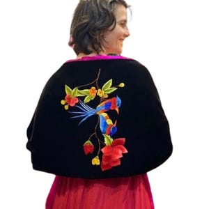 Embroidered Silk Velvet Shawl for Women, Luxury Wrap with Flower and Bird Embroidery for Party, All Colors Available, Made in Vietnam