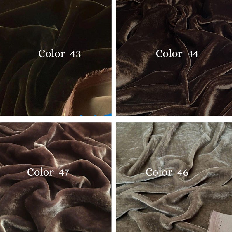 May include: Four swatches of velvet fabric in various shades of brown. The swatches are labeled with the text "Color 43", "Color 44", "Color 47", and "Color 46". The fabric has a soft, lustrous appearance.