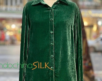Classic Silk Velvet Blouse for Women, Long Sleeve Women's Blouse for Work with Buttons, Custom Sizes and Colors