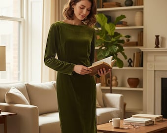 Silk Velvet Midi Dress – Long Sleeve, Vintage-Inspired Evening Gown, Silk Velvet Dress for Work and Party, Custom Sizes and Colors.