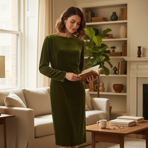 Silk Velvet Midi Dress  Long Sleeve, Vintage-inspired Evening Gown, Silk  Velvet Dress for Work and Party, Custom Sizes and Colors. - Etsy New Zealand