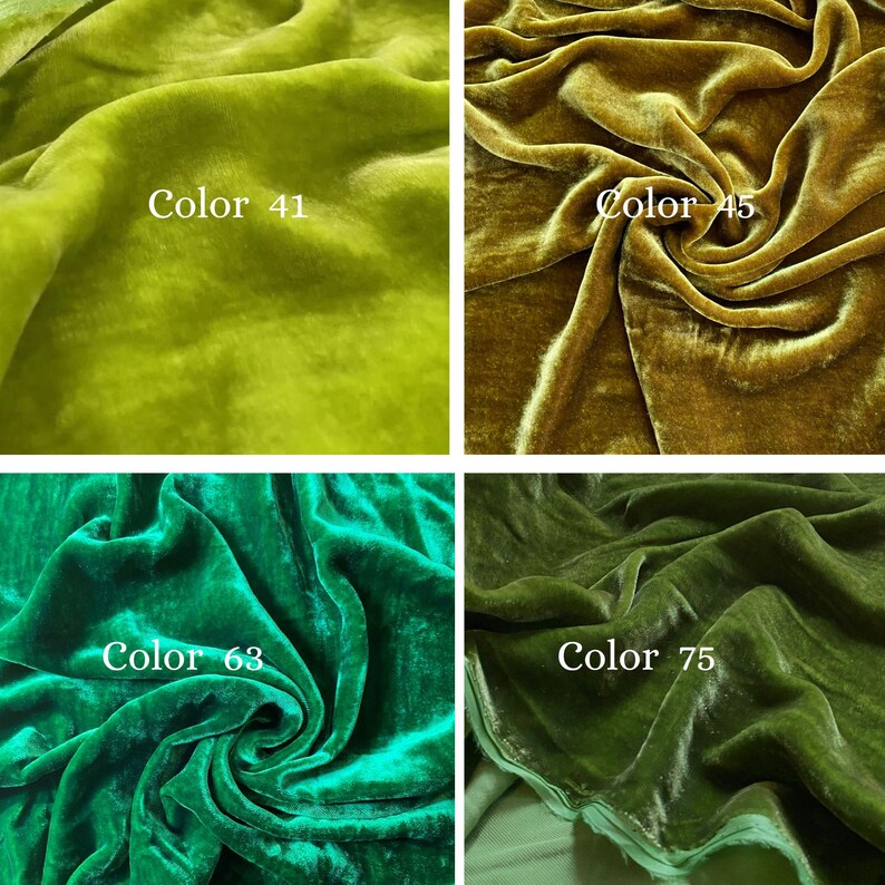 May include: Four swatches of velvet fabric in shades of green and gold. The swatches are labelled with the text "Color 41", "Color 45", "Color 63", and "Color 75". The fabric has a soft, lustrous appearance.
