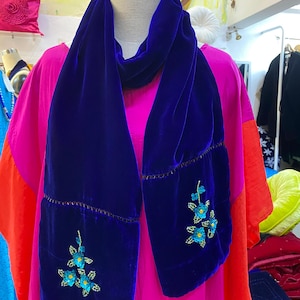 Hand-Embroidered Beaded Luxury Silk Velvet Scarf for Women, Floral Long Silk Velvet Shawl, Small Size Velvet Wrap Handmade in Vietnam.