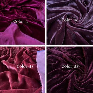May include: Four swatches of velvet fabric in shades of purple and burgundy. Each swatch is labeled with a colour number: Color 1, Color 16, Color 18, and Color 53. The fabric is draped, showing its texture and sheen. Ideal for craft projects.