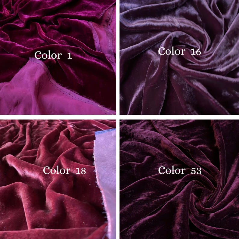 May include: Four swatches of velvet fabric in shades of purple and burgundy. Each swatch is labeled with a colour number: Color 1, Color 16, Color 18, and Color 53. The fabric is draped, showing its texture and sheen. Ideal for craft projects.