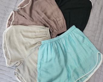 Shorts de linho e seda para mulheres, shorts de verão para meninas, macios e confortáveis.