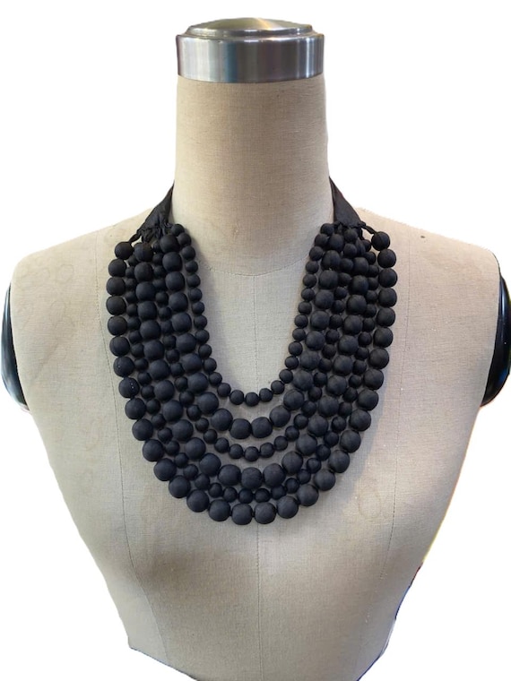 Black Multi-layered Silk Beaded Necklace, Fabric Necklace for Women, Multi-Strand Silk Beaded Necklace, Handmade and Light.