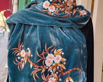 Embroidered Silk Velvet Shawl for Women, Luxury Wrap with Flower Embroidery for Party, All Colors Available, Made in Vietnam