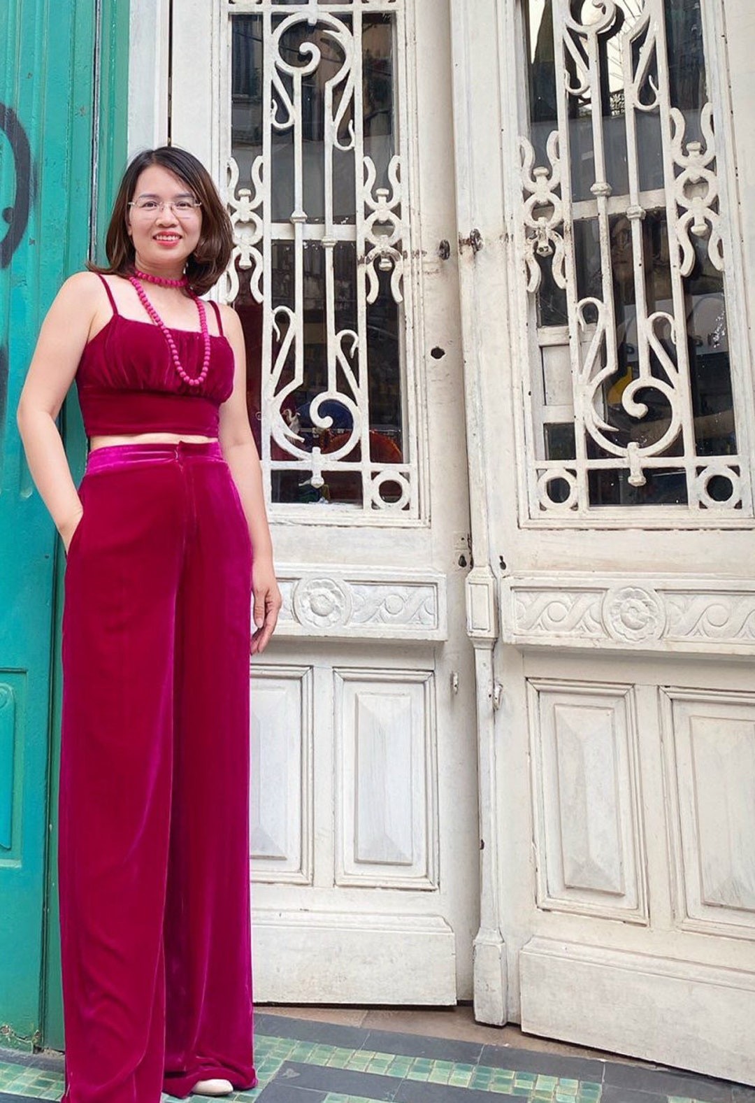 Silk-velvet high-waisted trousers with embellished bows
