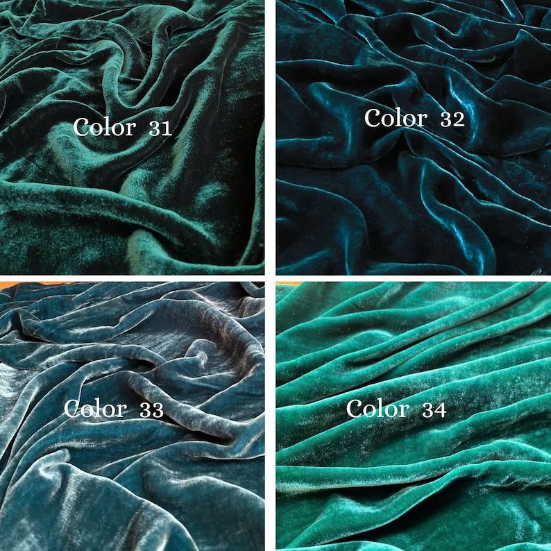 May include: Four swatches of luxurious velvet fabric in shades of teal and green. Each swatch is labeled with a color number: 31, 32, 33, and 34. The fabric has a soft, flowing texture, with visible folds and shadows.