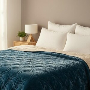 May include: A bed featuring a teal blue quilted bedspread and a beige blanket. The bed has white pillows and a wooden bedside table with a lamp and a small plant. The bedspread has a repeating circular pattern.