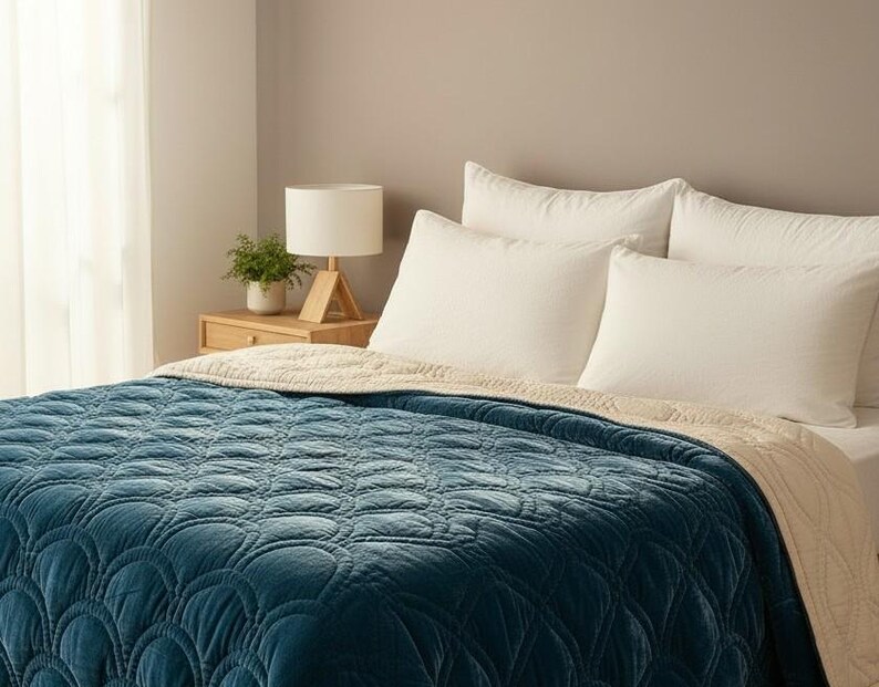 May include: A bed featuring a teal blue quilted bedspread and a beige blanket. The bed has white pillows and a wooden bedside table with a lamp and a small plant. The bedspread has a repeating circular pattern.