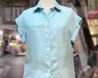 Collared  Silk Top for Women/Girls/Female, Simple Minimalist Natural Mulberry Silk Blouse, Short Sleeve Shirt Made in Vietnam