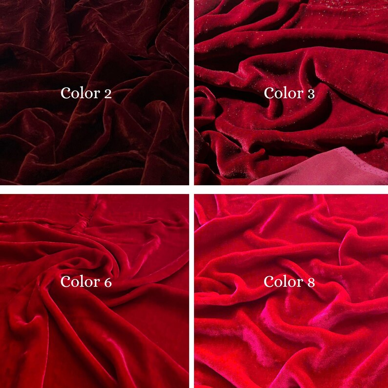 May include: Four swatches of luxurious velvet fabric in various shades of red. The swatches are labeled "Color 2", "Color 3", "Color 6", and "Color 8". The fabric has a soft, textured appearance with visible folds and highlights, showcasing the depth of color.