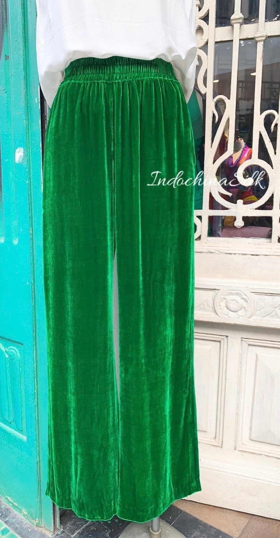 Pantalon long en velours de soie, pantalon en velours avec taille