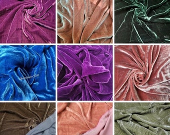 Puede incluir: Una cuadrícula de quince muestras de tela que presentan varios colores de terciopelo, incluidos azul, marrón, morado, verde y rosa. Cada muestra muestra una textura suave y reflectante con pliegues y caídas naturales. Algunas secciones muestran el texto Indochina Silk.