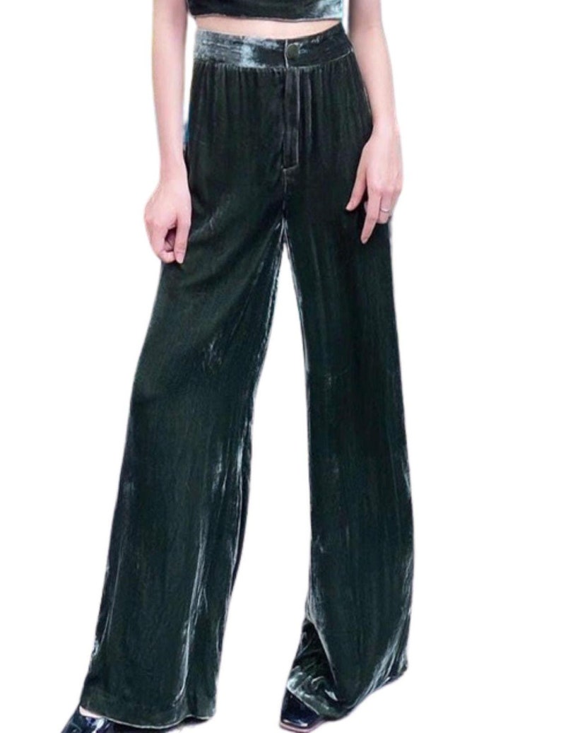 May include: Dark green velvet wide-leg pants. The pants have a high waist and a button and zipper closure. The fabric has a subtle sheen, and the pants are styled with a matching top, creating a coordinated outfit.
