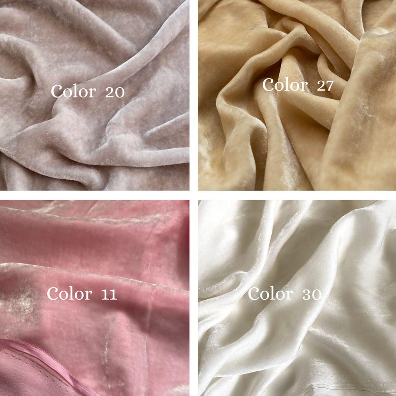 May include: Four swatches of velvet fabric in various colors. The colors include a light taupe labeled "Color 20", a golden beige labeled "Color 27", a soft pink labeled "Color 11", and a white labeled "Color 30". The fabric is draped and folded.
