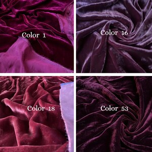 May include: Four swatches of velvet fabric in various shades of purple and burgundy. Each swatch is labeled with a color number: Color 1, Color 16, Color 18, and Color 53. The fabric is draped, showing its texture and sheen.
