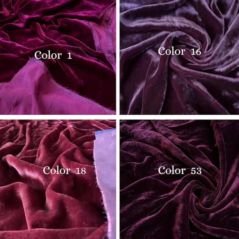 May include: Four swatches of velvet fabric in various shades of purple and burgundy. Each swatch is labeled with a color number: Color 1, Color 16, Color 18, and Color 53. The fabric is draped, showing its texture and sheen.