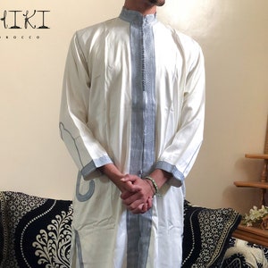 Royal Moroccan wedding long dress for men, Fancy gray and white traditional jabador 2 pieces, Muslim maxi Kaftan dress for formal occasions