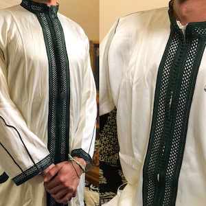 Royal Moroccan wedding long dress for men, Fancy green and white traditional jabador 2 pieces, Muslim maxi Kaftan dress for formal occasions